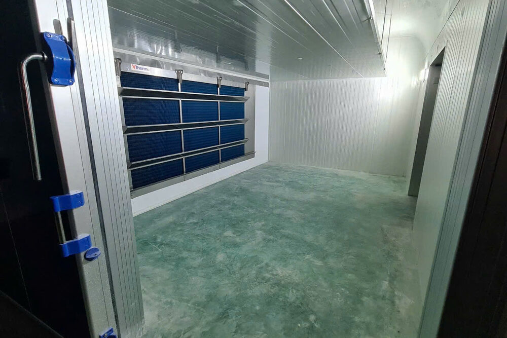 Bên trong hầm cấp đông gió: dàn lạnh trên vách panel và cửa hầm